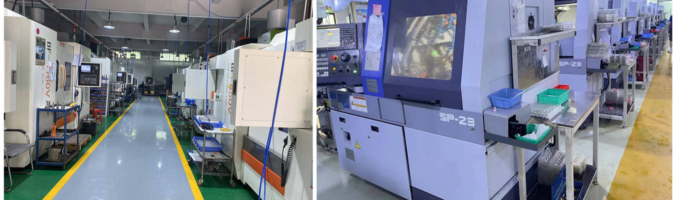 Suelo de taller de mecanizado CNC de precisión: máquinas de torno suizo realizando corte de metal de alta velocidad
